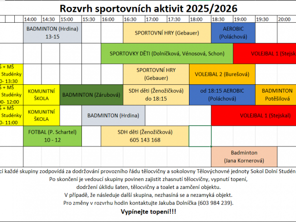 Cvičební hodiny v tělocvičně/ herně stolního tenisu pro rok 2025/2026