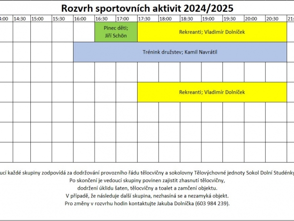 Cvičební hodiny v tělocvičně/ herně stolního tenisu pro rok 2024/2025