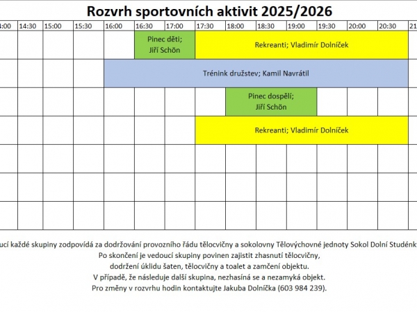 Cvičební hodiny v tělocvičně/ herně stolního tenisu pro rok 2025/2026