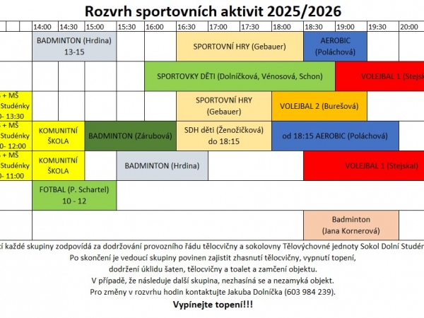 Cvičební hodiny v tělocvičně/ herně stolního tenisu pro rok 2025/2026